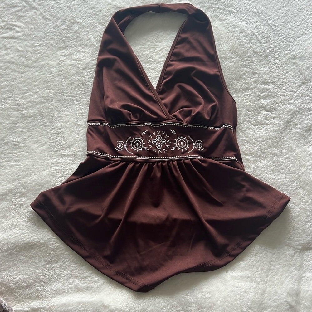 NWOT Boho Flowy Asymmetrical Halter Top Western V Neck Hippie Top